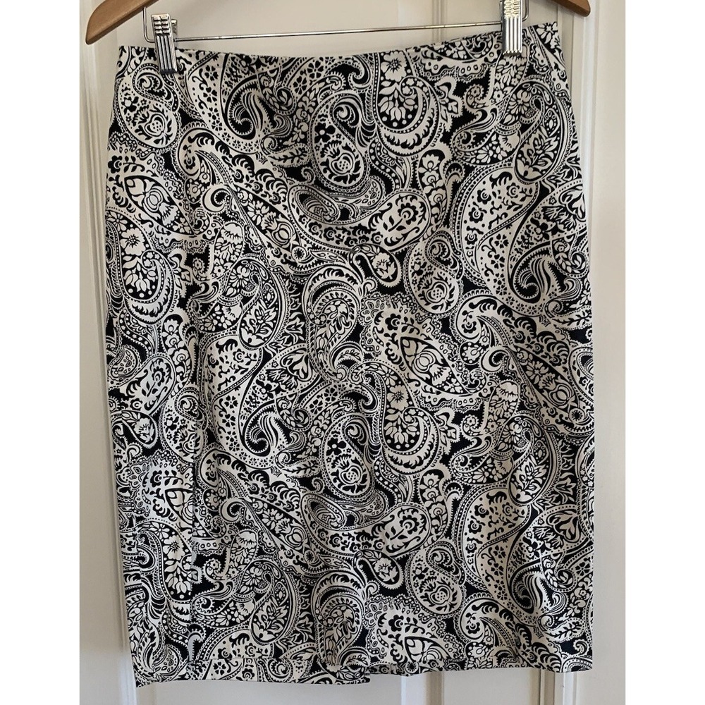 Talbots Skirt Womens 8 Black White Paisley Cotton Mini Pencil Mod Groovy